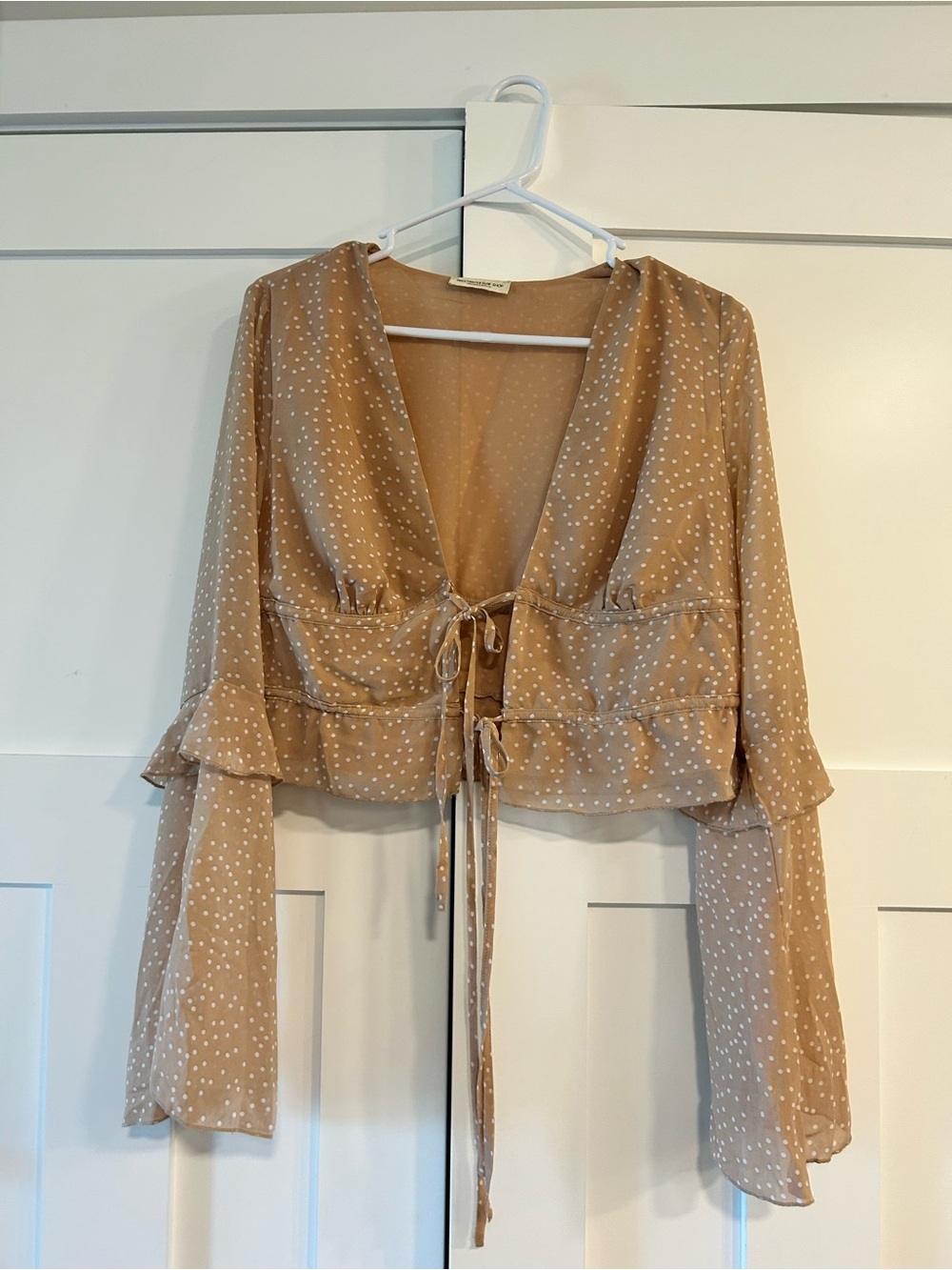 Lightweight Beige Polka Dot Tie-Front Blouse